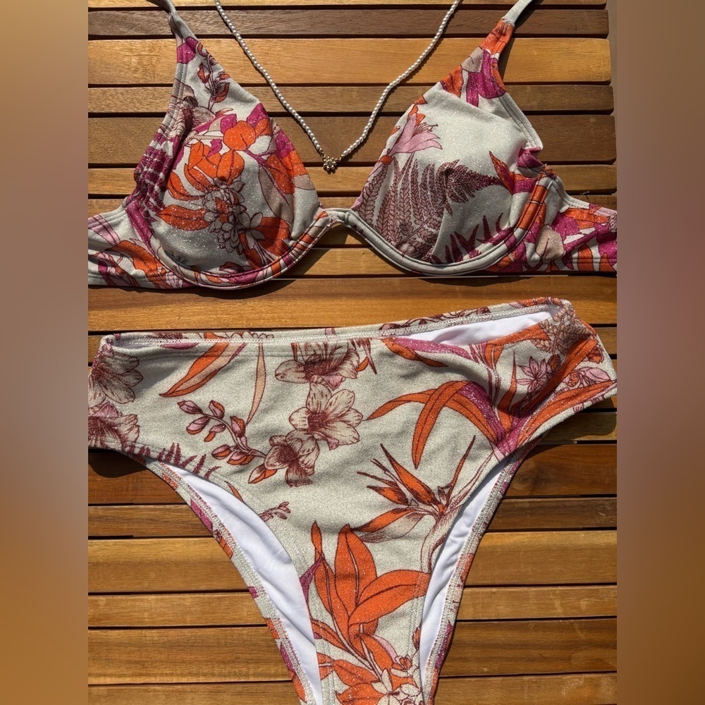 SMALL NWT Cupshe Floral Bird of Paradise glitter pink orange cream Bikini swim